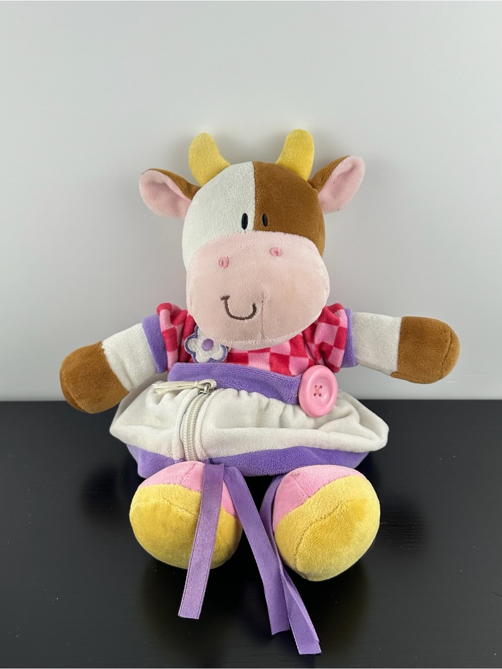 Russ Berrie RARE Jiggle Bright Beginnings Cow 12” Zipper Button & Flower Plush